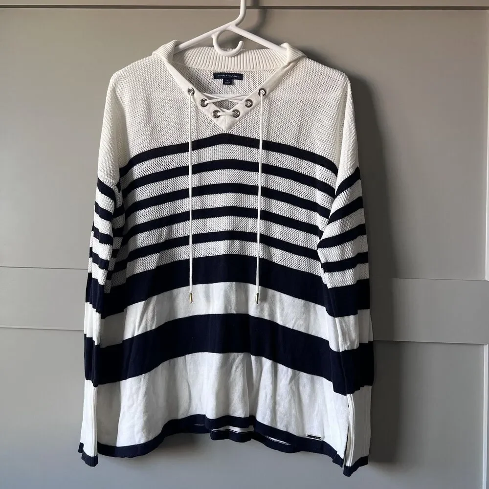 Tommy Hilfiger Sweater Womens Medium White Navy Stripe Lace‎ Up Hooded Pullover